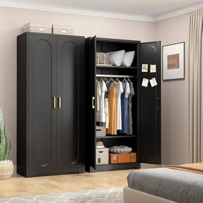 71'' Wardrobe Cabinet w/Doors & Hanging Rod, Metal Closet with 2 Adjustable Shelves