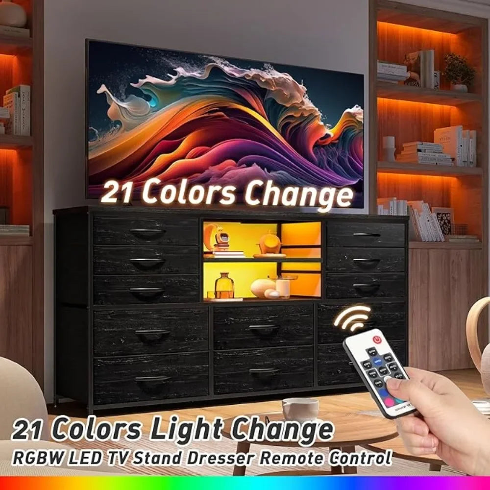 12 Drawers Dresser with LED Lights & Power Outlets, Stand for 60''TV