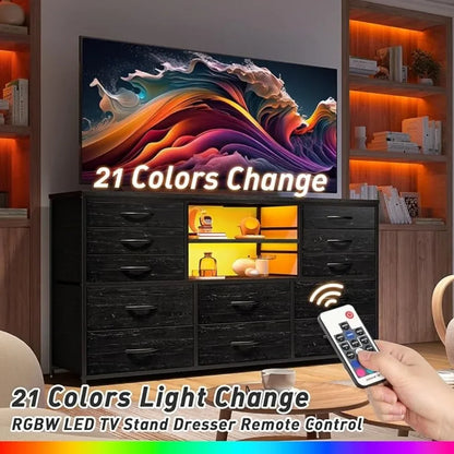 12 Drawers Dresser with LED Lights & Power Outlets, Stand for 60''TV