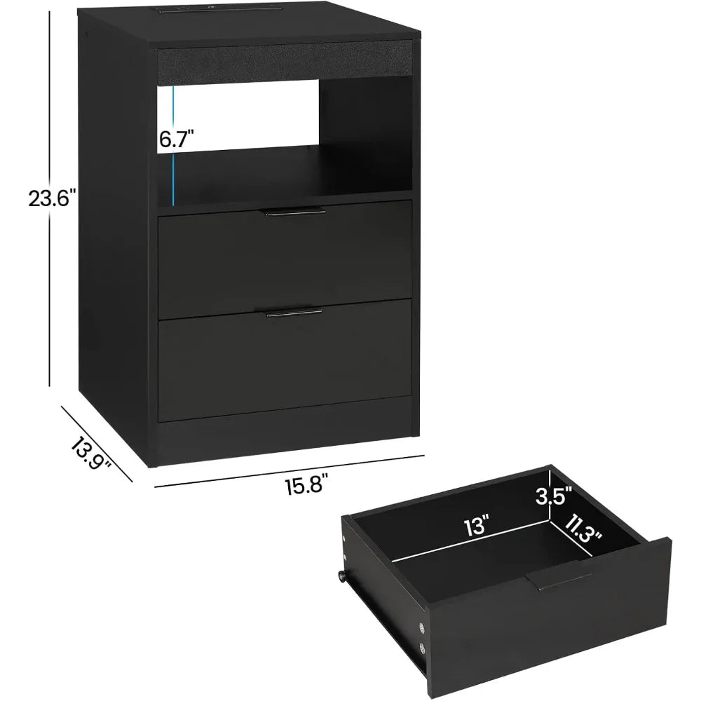 Set of 2 Night Stand with Wireless Charging Station and LED Lights with Pull-Out Shelves