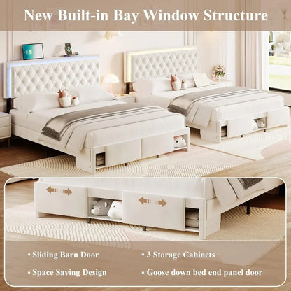 Queen Size Bed Frame with Storage, LED, Adjustable Headboard, Upholstered Velvet