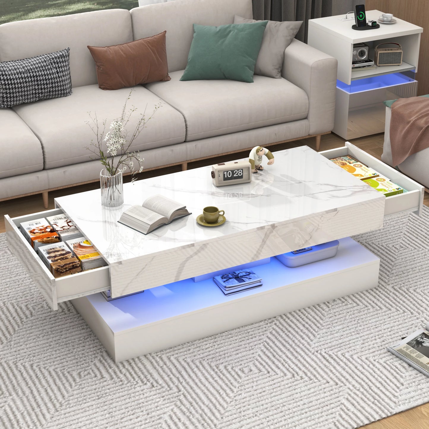 Modern Stylish Coffee Table with 2 Storage Drawers and LED lights