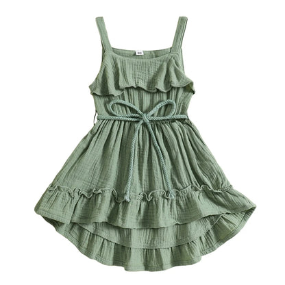 6 MO-4Y Girl Summer Dress, Casual Sleeveless, Square Neck, Belted Dress