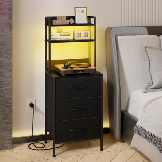 LED side table with U-S-B ports and sockets for charging piles, 3 drawers