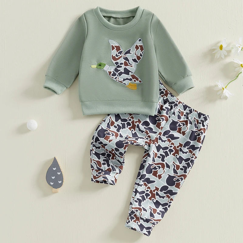 6MO-3T Spring Kids/Baby Boy Outfit Sets, Long Sleeve Duck Embroidery Pullover, Camouflage Pants
