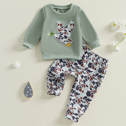 6MO-3T Spring Kids/Baby Boy Outfit Sets, Long Sleeve Duck Embroidery Pullover, Camouflage Pants