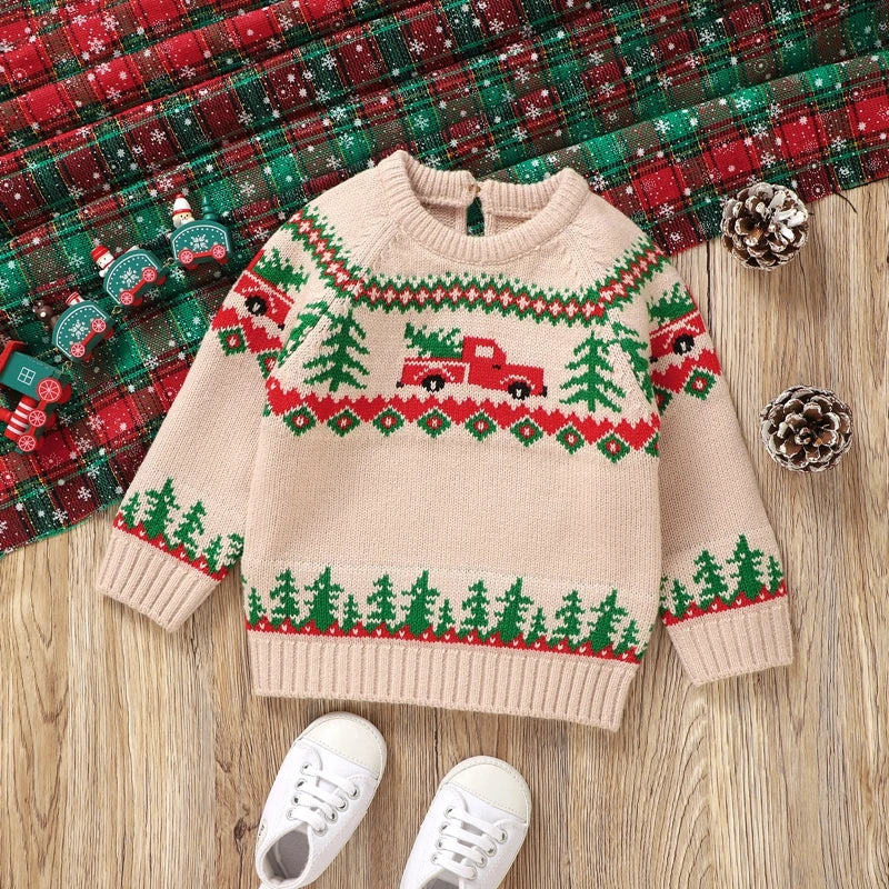 9 MO-3T Boy Christmas Sweater, Round Neck, Truck Print Knit Pullover