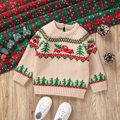 9 MO-3T Boy Christmas Sweater, Round Neck, Truck Print Knit Pullover