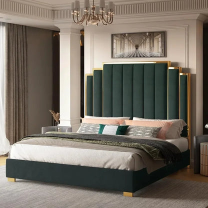65" Velvet Upholstered King Size Platform Bed Frame with Gold Trim Headboard/Wooden Slats/No Box Spring Needed/Green