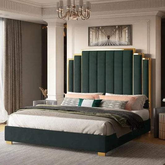 65" Velvet Upholstered King Size Platform Bed Frame with Gold Trim Headboard/Wooden Slats/No Box Spring Needed/Green
