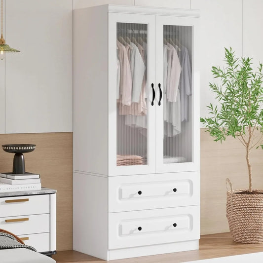 2 Acrylic Doors Wooden Armoires with Hanging Rod, 2 Large Drawers