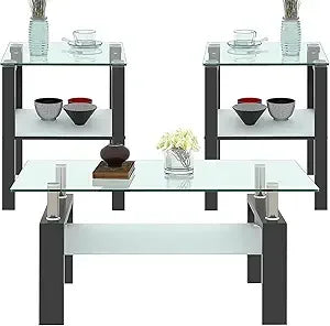 3 Piece Black Glass Table Set, Including 1 Coffee Table and 2 End Side Tables