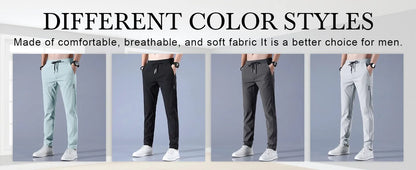 Men Fast Dry Stretch Pants, Ice Silk Trousers, Solid Color, Mid-Waist