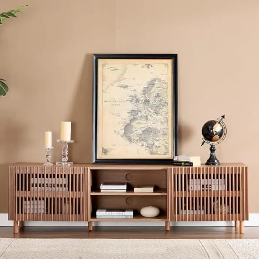 70" TV Stand for TV up to 75", Slatted Entertainment Center with Storage and Open Shelves