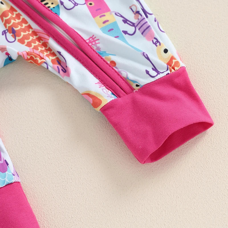 0-12MO Baby Boys Autumn Casual Romper, Long Sleeve Crew Neck, Fish Print, Oblique Zipper Jumpsuit