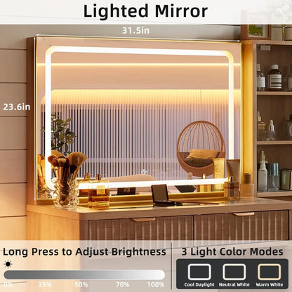 43.5'' Vanity Desk with Mirror and Lights, with 6 Drawers and Adjustable Shelves, Glass Top