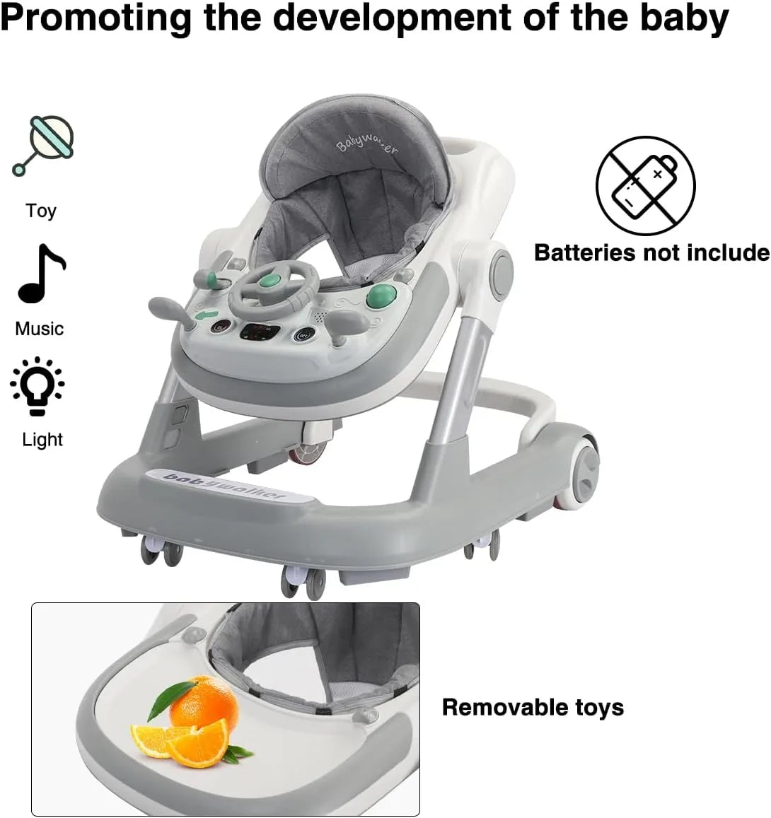 Toddler Baby Push Walker with Removable Feeding Tray and Music Tray(Without Battery), Foldable Walker