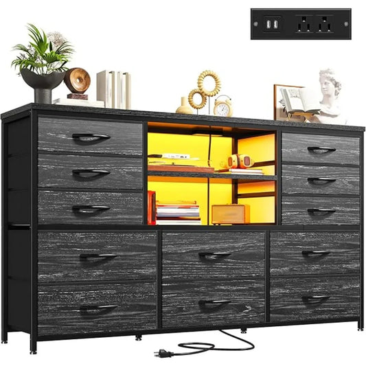 12 Drawers Dresser with LED Lights & Power Outlets, Stand for 60''TV
