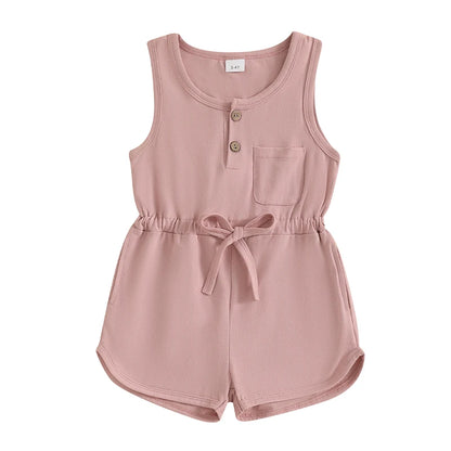 Little Girls Summer Casual Jumpsuit, Sleeveless, Crewneck, Solid Color Drawstring Tank Romper