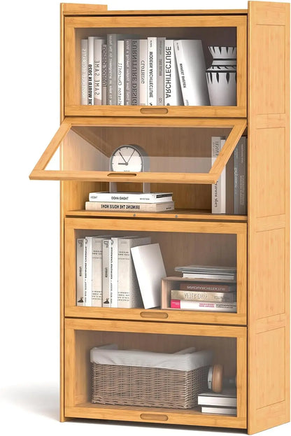 4-Tier 55" Bamboo Bookshelf with Flip-up Acrylic Doors