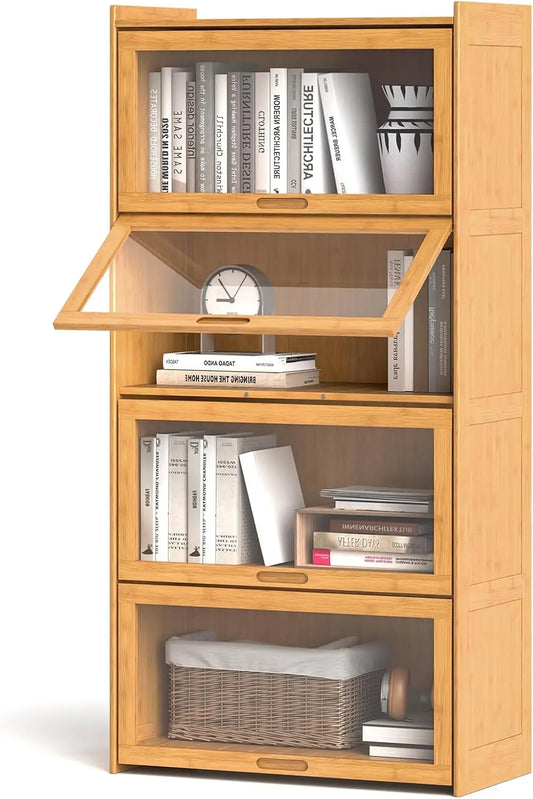 4-Tier 55" Bamboo Bookshelf with Flip-up Acrylic Doors