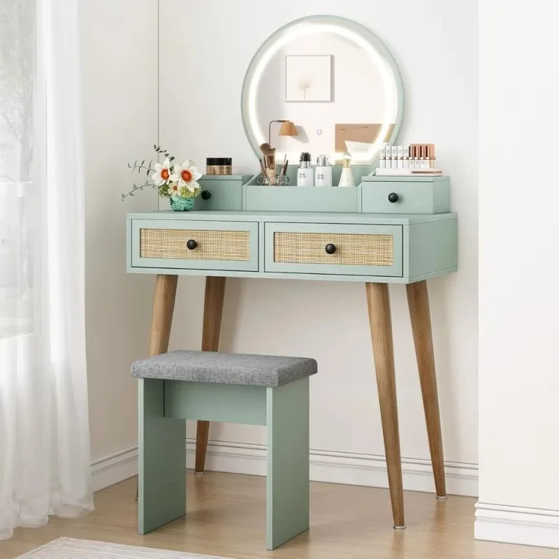 31" Natural Rattan Vanity Desk Set, w/3 Modes, Adjustable ,Lighted Mirror & Cushioned Stool