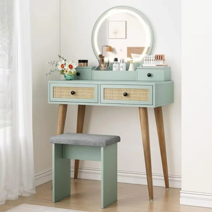 31" Natural Rattan Vanity Desk Set, w/3 Modes, Adjustable ,Lighted Mirror & Cushioned Stool