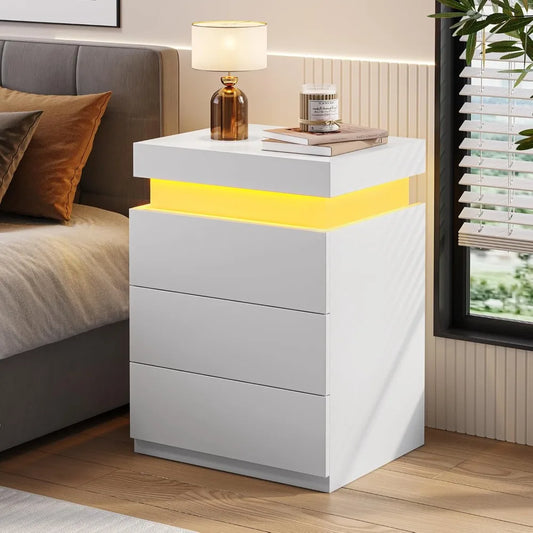 Side stand with Charging Station and LED Lights, Sliding Top, Drawers