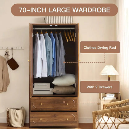 Freestanding Armoire Closet with 2 Doors and 2 Storage Drawers
