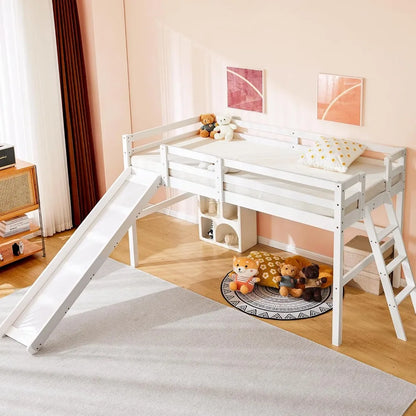 Space Saving Kids Low Loft Bed with Guardrail and Ladder, Pine Wood and Sturdy Bed Frame