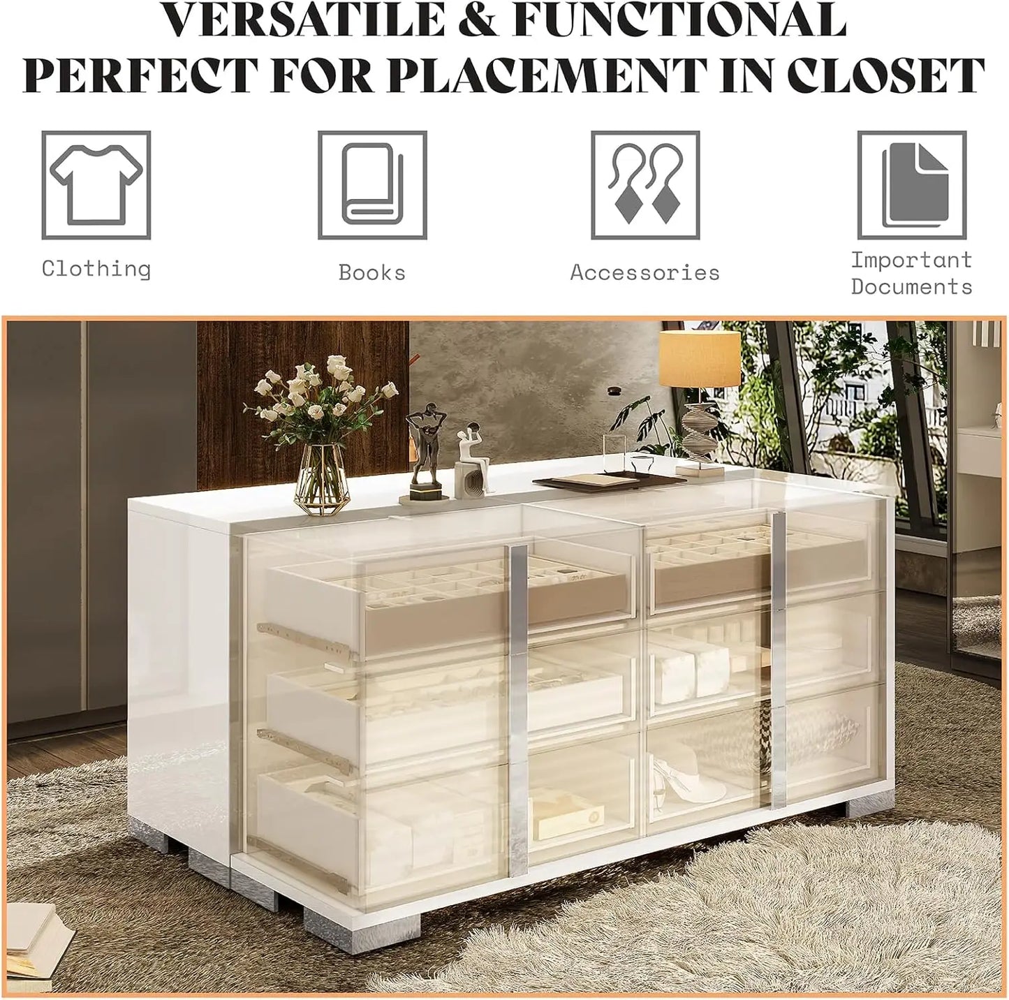 54" Wide High Gloss Dresser with 6 Drawers, Silver Grooved Handle, Contemporary Storage Chest