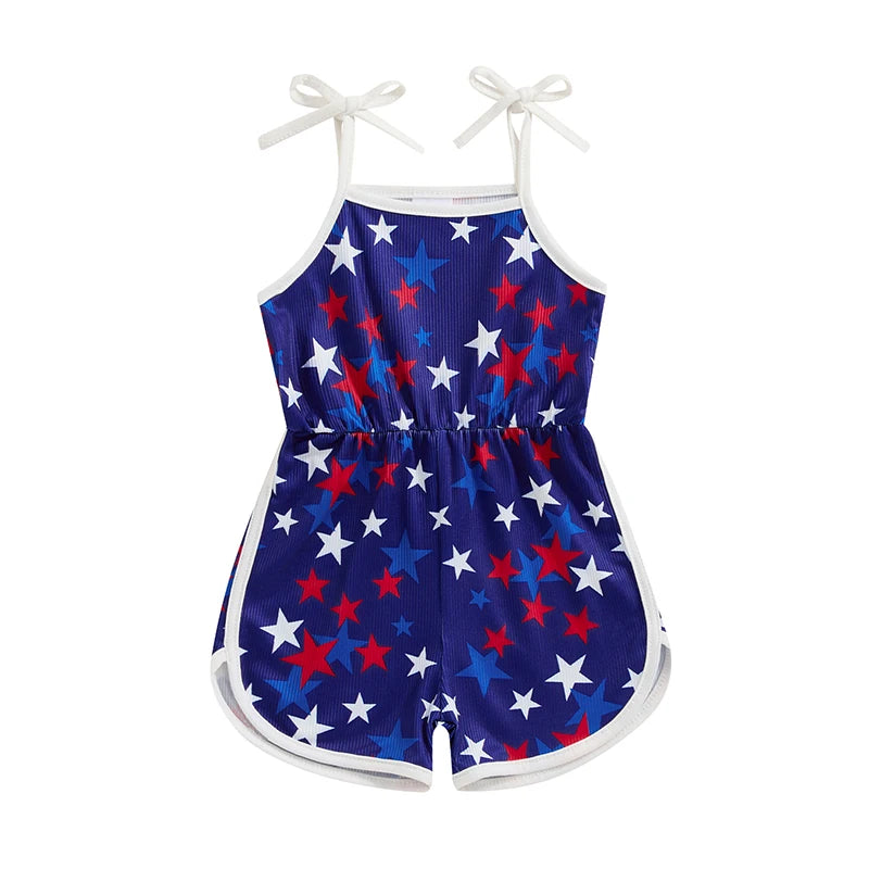18MO-5T Girls Jumpsuit Tie-up Spaghetti Straps Stars Print Romper 4th of July