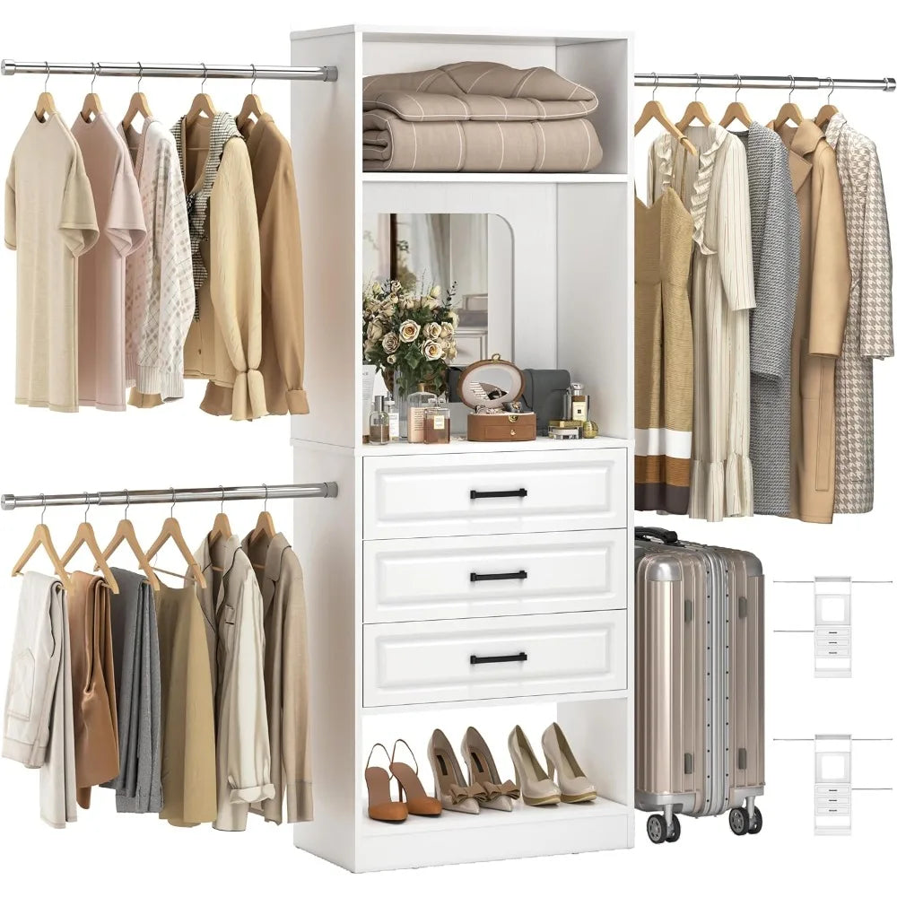 48" W - 96” W Closet System with Mirror, 8FT Walk in Closet Organizer Kits with Drawers and 3 Extendable Hanging Rod