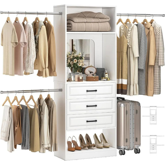 48" W - 96” W Closet System with Mirror, 8FT Walk in Closet Organizer Kits with Drawers and 3 Extendable Hanging Rod