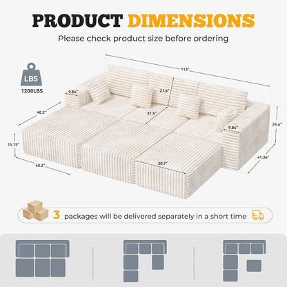 6 Seater Corduroy Boneless Couch Sleeper with Ottoman