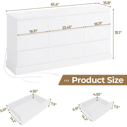 61.4" Wide White Bedroom Dresser with 9 Drawers, Large Capacity Storage