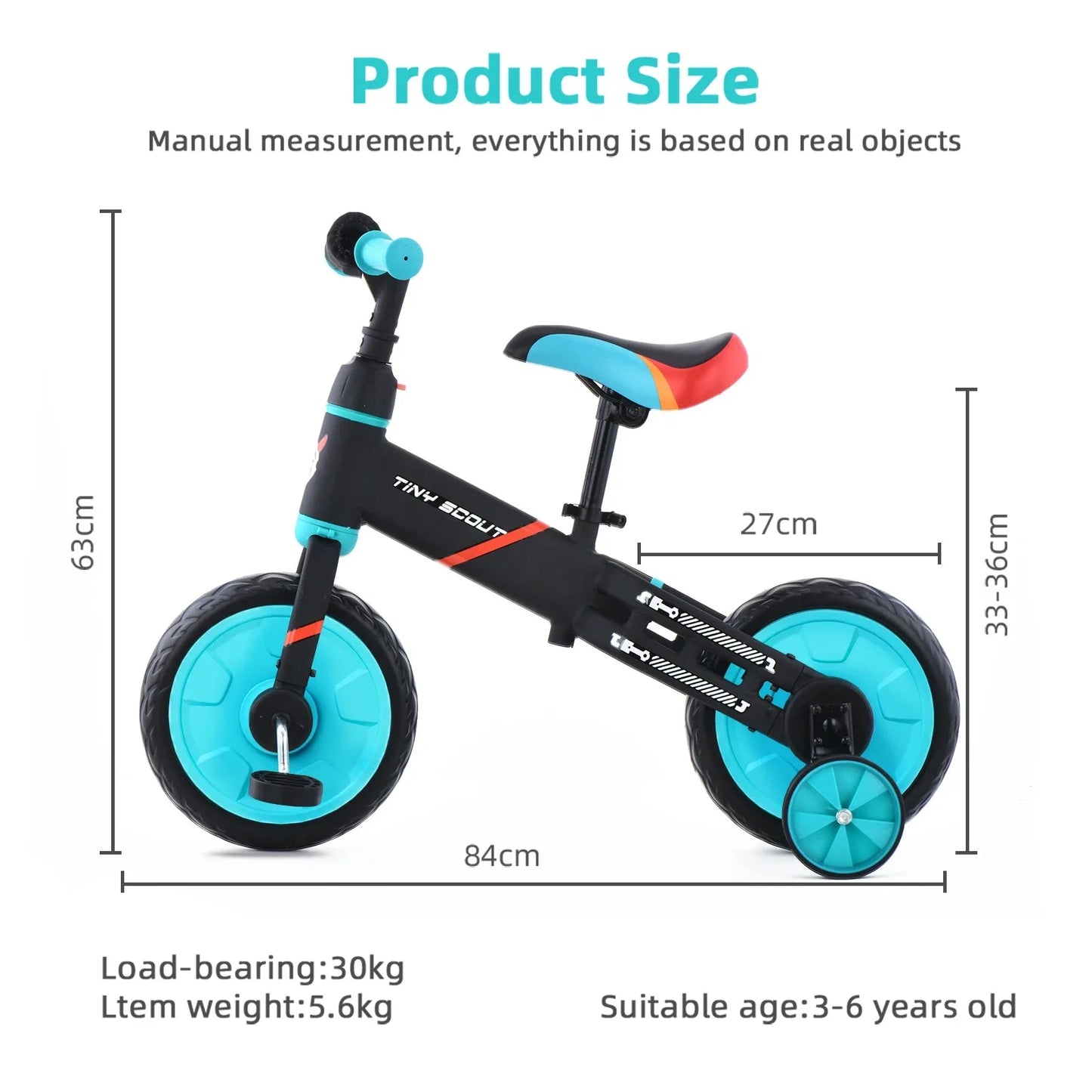 Tiny Scout Balance Bike 3 4 5 Years , 4-in-1 with Optional Support Wheels and Pedals, Saddle Height Adjustable