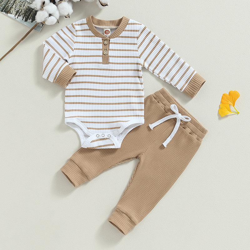 3-24MO Infant Boy Fall Outfits, Long Sleeve Striped Print Romper + Pants