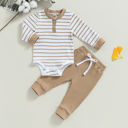 3-24MO Infant Boy Fall Outfits, Long Sleeve Striped Print Romper + Pants