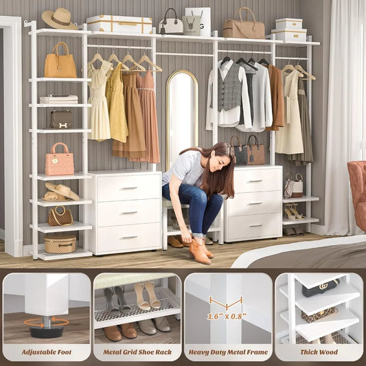 Clothing Rack Heavy Duty Closet System Organizer, 8FT Large Wall Mounted Garment Rack with 6-Drawers