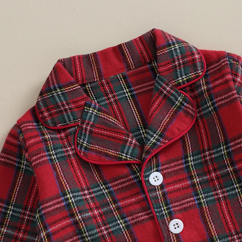 6M-4Y Kids Christmas Pajamas Set, Plaid Button up Long Sleeve Shirt and Elastic Pants Sleepwear