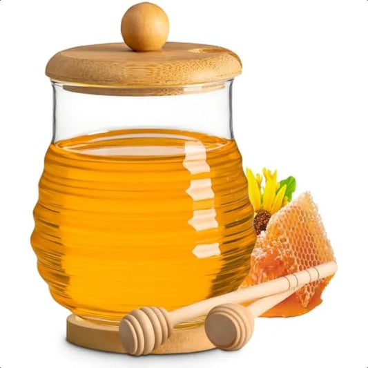 Glass Honey Jar with Wooden Lid Honey Jar with Dipper and Wooden Coaster 9.5OZ