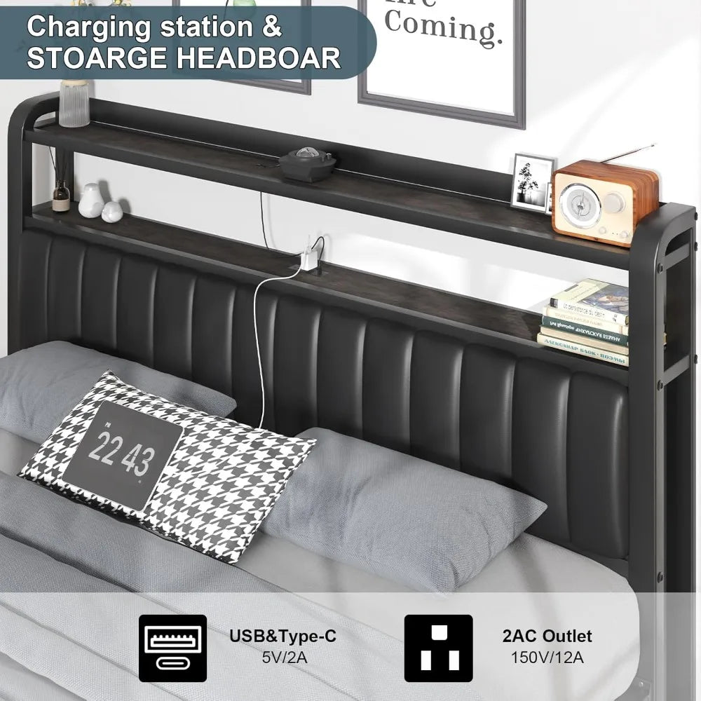 King Size Bed Frame with Star Projector & Charging Station, Headboard