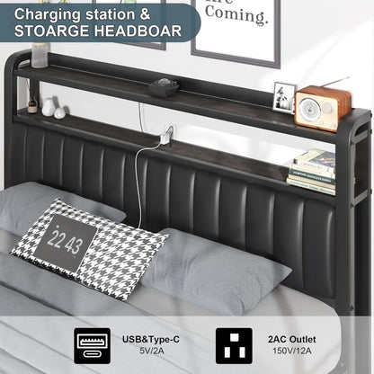 King Size Bed Frame with Star Projector & Charging Station, Headboard