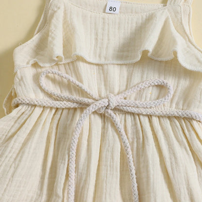 6 MO-4Y Girl Summer Dress, Casual Sleeveless, Square Neck, Belted Dress