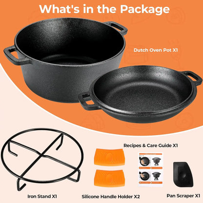 Pre-Seasoned Cast Iron Double Dutch Oven With Loop Handles, 5.1 Quart Pot