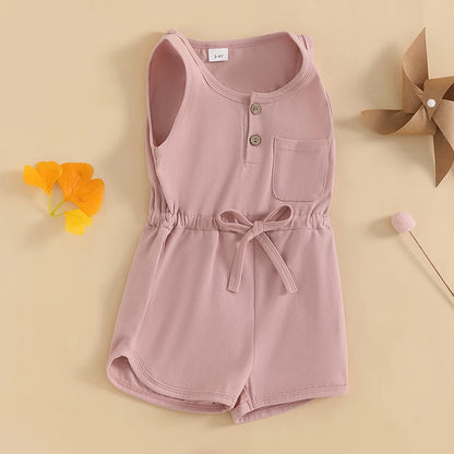 Little Girls Summer Casual Jumpsuit, Sleeveless, Crewneck, Solid Color Drawstring Tank Romper