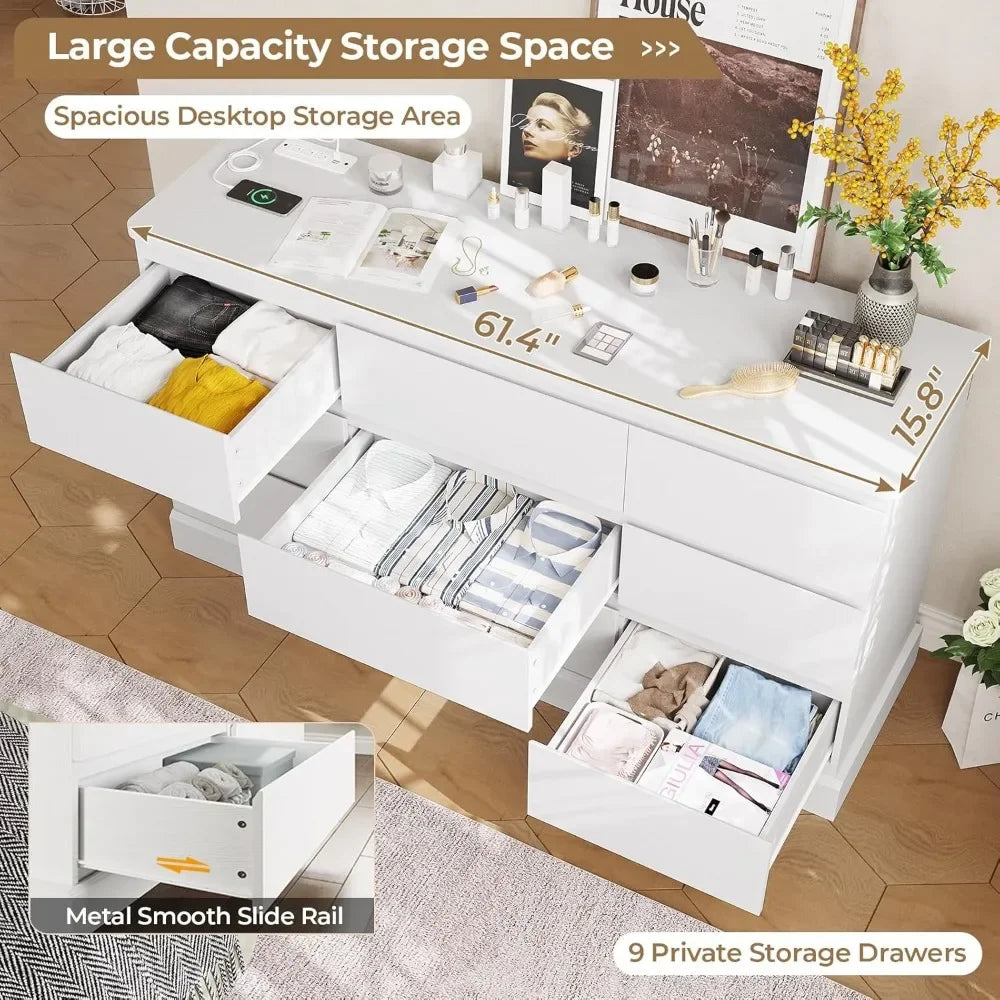 61.4" Wide White Bedroom Dresser with 9 Drawers, Large Capacity Storage