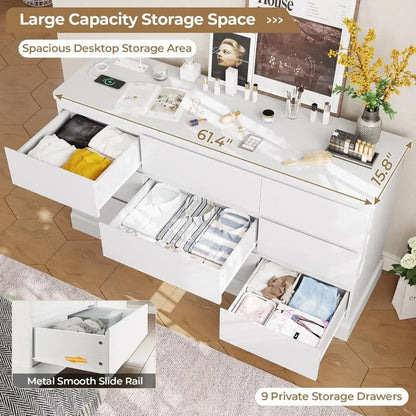 61.4" Wide White Bedroom Dresser with 9 Drawers, Large Capacity Storage