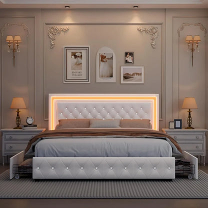 LED Upholstered Bed Frame with 4 Drawers | Adjustable Diamond Headboard • Wooden Slats • No Box Spring needed
